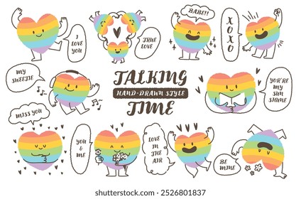 cute hand drawn style rainbow color heart shape character with romantic quote speech bubble. Variety of LGBTQ love symbol concept crayon drawing doodles blank text. Health lovely running hearts icon