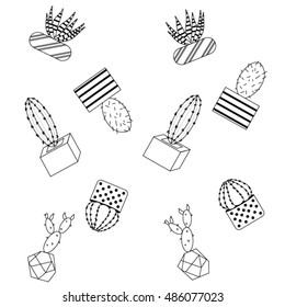 Cute hand drawn succulent and cactus pattern. Doodle floral in pots. Vector botanical set with cute house interior plants. Black and white cartoon cactus