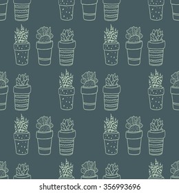 Cute hand drawn succulent in pots. Seamless vector pattern.