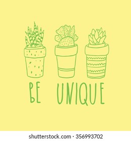 Cute hand drawn succulent in pots. Postcard. Be unique. 