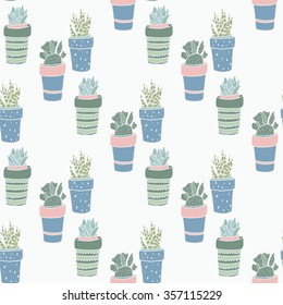 Cute hand drawn succulent in pots. Seamless vector pattern.