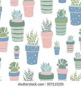 Cute hand drawn succulent in pots. Seamless vector pattern.