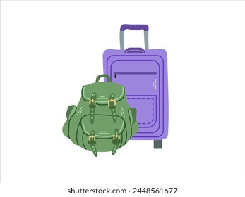 Cute hand drawn suitcase and camping backpack. Flat vector illustration isolated on white background. Doodle drawing.	