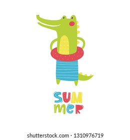 Cute hand drawn summer animals. Cartoons animals on the beach in shorts. Summer vector illustration with  crocodile