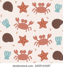 cute hand drawn summer beach seamless vector pattern background illustration with seashell, crab and starfish