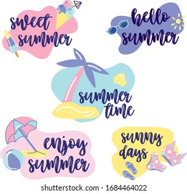 Cute hand drawn summer cards. Vector illustrations for t-shirt, poster prints, banner, flyer. Summer vibes  labels, logos, tags and elements set. Holiday, travel, beach vacation, typographic. 