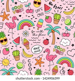 Cute hand drawn summer element seamless pattern with pink background.