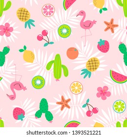 Cute hand drawn summer elements seamless pattern with palm leaf background.
