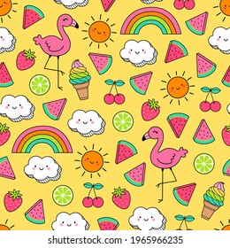 Cute hand drawn summer elements cartoon seamless pattern background.