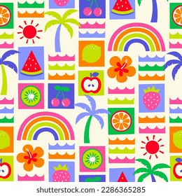 Cute hand drawn summer elements grid styled pattern background.