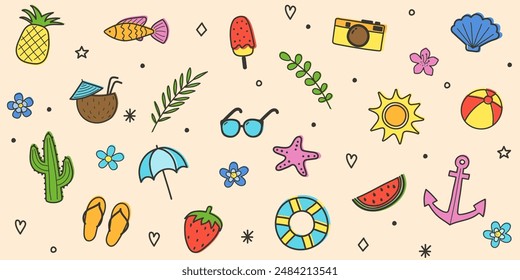 Cute hand drawn summer elements. Creative background with cartoon vacation icons. Vector illustration