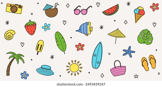 Cute hand drawn summer elements. Creative background with cartoon vacation icons. Vector illustration