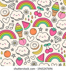 Cute Hand Drawn Summer Holidays Doodle Seamless Pattern Background.