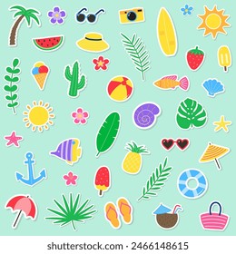 Cute hand drawn summer icon set. Background with cartoon holiday stickers. Vector illustration