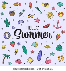 Cute hand drawn summer icon set. Background with cartoon holiday elements. Vector illustration