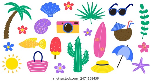 Cute hand drawn summer icon set. Background with cartoon holiday stickers. Vector illustration