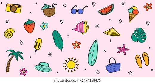 Cute hand drawn summer icon set. Background with cartoon holiday elements. Vector illustration
