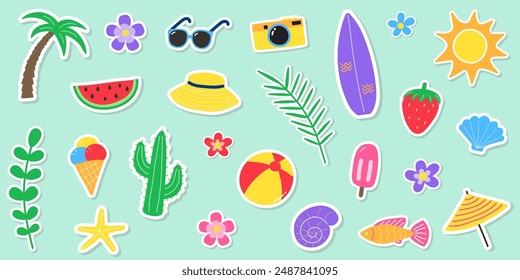 Conjunto de iconos de verano dibujado a mano. Fondo con pegatinas de vacaciones de dibujos animados. Ilustración vectorial