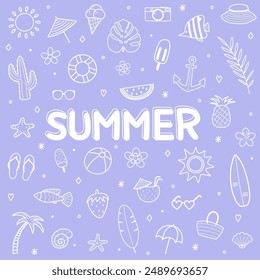 Cute hand drawn summer icon set. Background with holiday elements. Vector illustration
