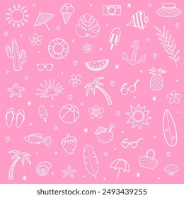 Cute hand drawn summer icon set. Background with holiday elements. Vector illustration