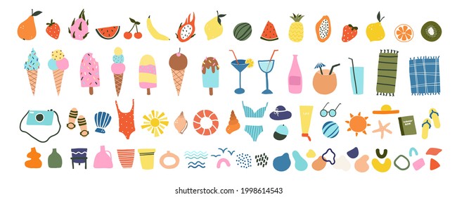 Cute hand drawn summer icons fruits, ice creams, cocktails, beach items. Cozy hygge scandinavian style for postcard, greeting card. Vector illustration in flat cartoon style