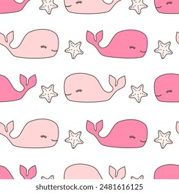 cute hand drawn summer seamless vector pattern background illustration with funny cartoon character pink whale and starfish