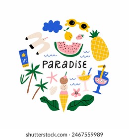 Cute hand drawn summer set fruits, ice creams, cocktails, beach items. Vector illustration