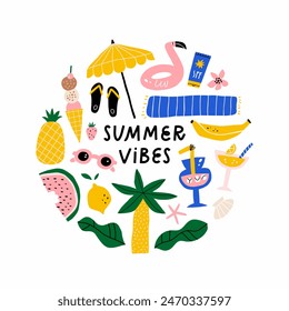 Lindo conjunto de verano dibujado a mano. Frutas, helados, cócteles, artículos de playa