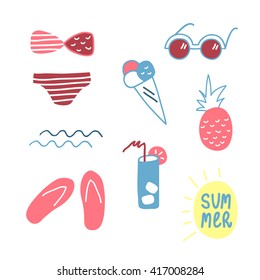 Cute hand drawn summer set of elements. Vector flat illustration on white background.