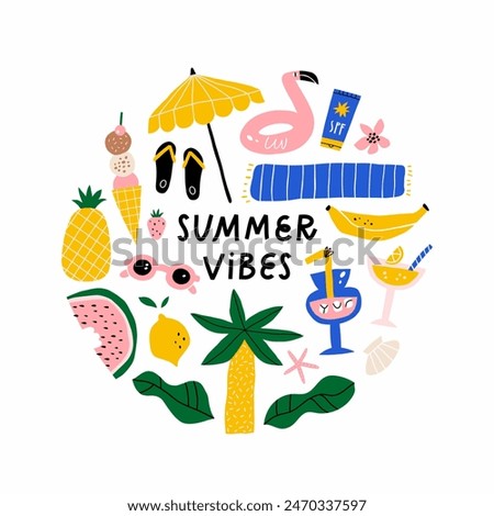 Cute hand drawn summer set. Fruits, ice cream, cocktails, beach items