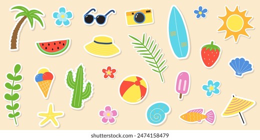 Cute hand drawn summer stickers. Creative background with cartoon vacation icons. Vector illustration
