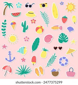 Cute hand drawn summer stickers. Creative background with cartoon vacation icons. Vector illustration