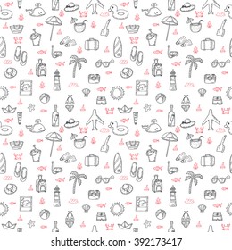 Cute hand drawn summer theme seamless pattern. Beach theme background with summer elements. Vector illustration
