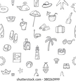 Cute hand drawn summer time theme seamless pattern. Beach theme background. Vector illustration
