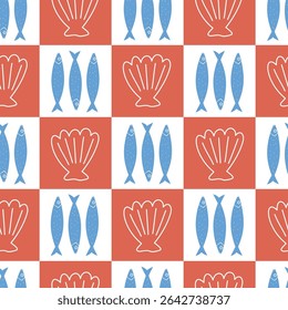 cute hand drawn summertime checkered seamless vector pattern background illustration with red seashells and blue sardine