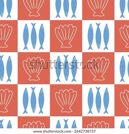 cute hand drawn summertime checkered seamless vector pattern background illustration with red seashells and blue sardine