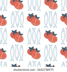 Ilustración de fondo de patrón de Vector sin costuras de verano dibujado a mano lindo con tomates rojos y sardina azul