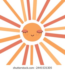 Cute hand drawn sun with closed eyes. Scandinavian style decoration for kids room. Vector illustration