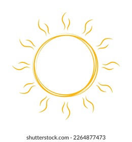 Cute hand drawn sun drawing. Yellow sun drawing. Doodle sun on white background. Vector illustration