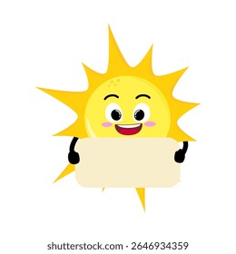 Cute Hand Drawn Sun Holding White Blank Poster At The Front