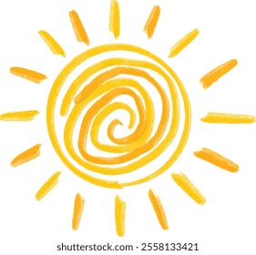 Cute hand drawn sun icon doodle art. Sun. Yellow icon on white background. Sun icon in doodle style on a white background. Vector illustration.