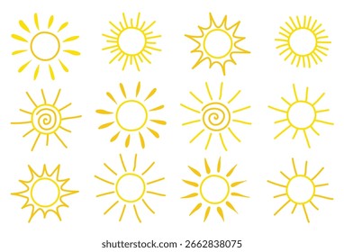 Lindo conjunto de iconos de sol dibujado a mano. Ilustración vectorial