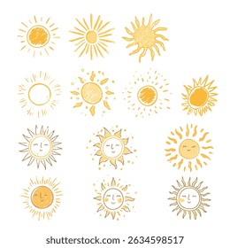 Cute Hand Drawn Sun Illustrations in Warm Yellow and Orange for Children Summer Designs