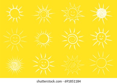 Cute hand drawn sun on yellow background - big collection. Vector.
