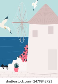 cute hand drawn sunny day greek landscape scene with sea and windmill summer vector illustration