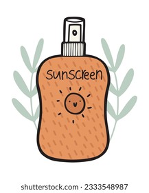 Botella de protección solar de corte manual, producto cosmético de protección solar, ilustración vectorial aislada en diseño de contorno