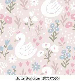 Cute hand drawn Swan and Flowers - vector print. Seamless pattern with cartoon swan, flowers, leaf 