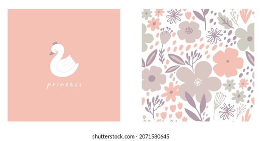 Cute hand drawn Swan and Flowers - vector print. Seamless pattern with cartoon swan, flowers, leaf 