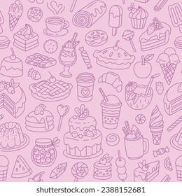 cute hand drawn sweet dessert doodle icon seamless pattern pink background