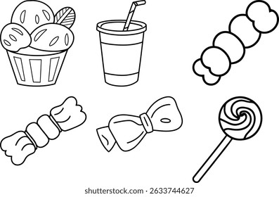 Cute Hand Drawn Sweets and Treats Doodle Icons – Ice Cream, Drink, Candy, Lollipop